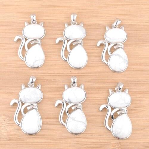 Wholesale 6Pcs/Lot Lovely Kitty Cat Animal Pendants White Turquoises Natural Stone Beads Trendy Jewelry Gift QN3570