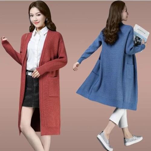 Autumn Office Knitted Sweater Women Cardigan Coat Korean Long Fashion Pocket Thin Outerwear Casual Loose Female Clothes G1433
