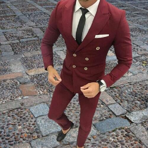 Custom Made Groomsmen Dark Red Groom Tuxedos Peak Lapel Men Suits Wedding Best Man 2 pieces ( Jacket+Pants+Tie ) C535