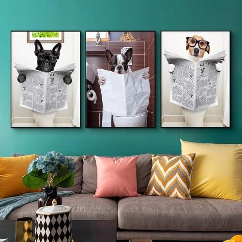 Modern Nordic Style Toilet Dog Newspaper Animal Poster Funny Cartoon Picture Kids Room Bathroom Art Home Decor Canvas Painting