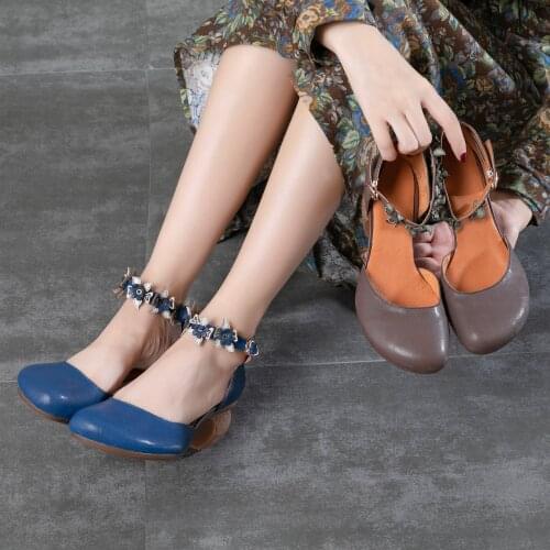 Womens Handmade Leather Pumps Flowers Ankle Strap Formal Office Shoes For Women Original Design Gray/Blue
