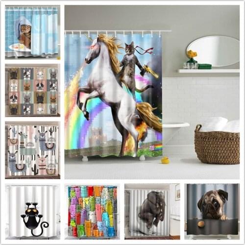 Adventures Of Unicorn And Cat Printed Shower Curtains Bath Product Bathroom Decor with Hooks Waterproof Blackout Bath Curtains
