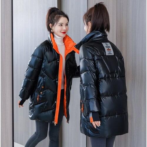 Shiny Cotton Overcoat Women Length New Winter Parka Jacket Female Fashion Loose Plus Size Warm Down Cotton Jacket Lady Outerwear