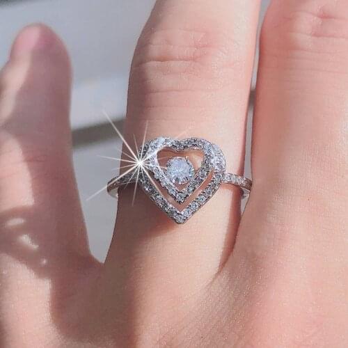 Ladys solid 925 Sterling Silver beat Heart rings finger Fashion Simulated Diamond Wedding Rings for Women Cute girl Jewelry