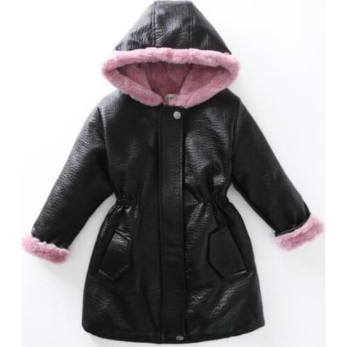 Winter Children Velvet Jacket PU Leather Snowsuit Windbreaker Waterproof Parkas Warm Outerwear Hooded Coats For Girls Outwear