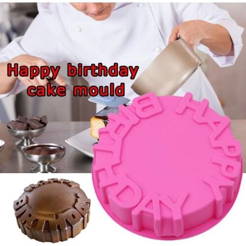 1Pcs Silicone Happy Birthday Round Cake Mold Pan Kitchen Tools Bakeware Baking Tart Cakes Pie Bread Mold Flan Decorating Q2R2