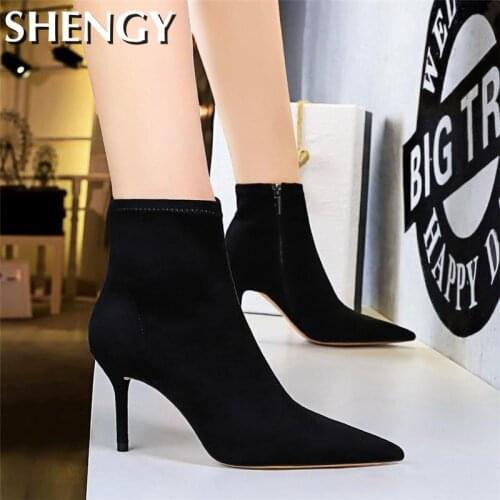 2021 Winter Women Keep Warm Boots Female Black High Heels Ankle Boots Solid Color Women Zippers Boots Ladies Party Dress Shoes