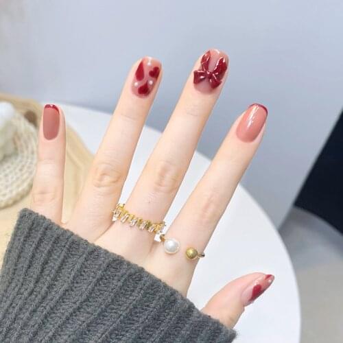 24pcs Love Heart Printed Nail Patch Pearl Inlaid Glue Type Removable Short Paragraph Fashion Manicure False Nail Patch TN