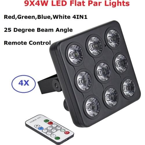 4Pcs/Lot DMX / IR Remote Control LED Show Panel 9X4W RGBW 4IN1 Luxury DMX 8 Channels LED Flat Par Light 90-240V Free Shipping