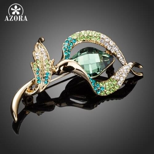 AZORA Gold Color Colorful Top Quality Austrian Crystal Three Leaves Flower Pin Brooch TP0023