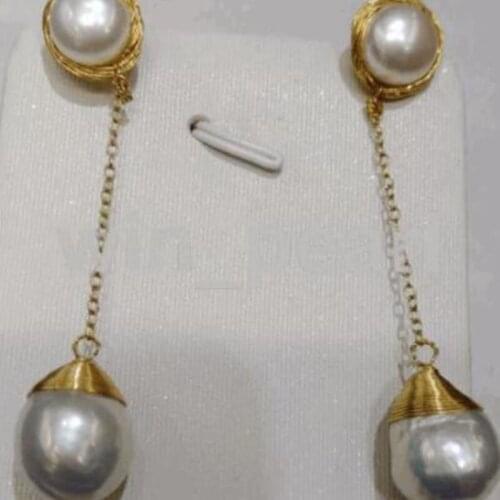 Free shipping>>>>noble jewelry long white baroque 13-14mm Sea Pearl earring 14K/20 YELLOW GOLD hook