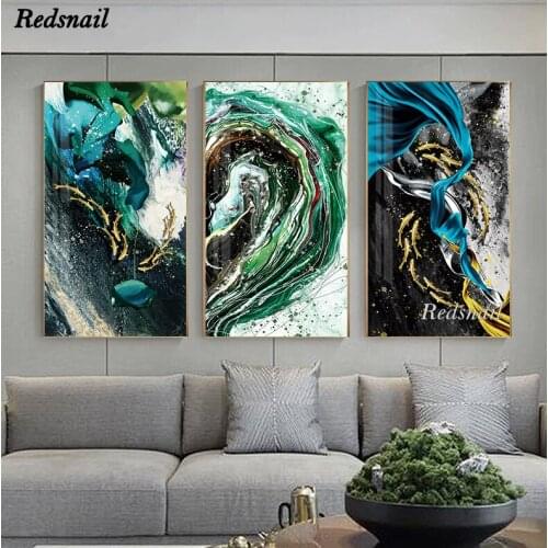 Large Abstract Flowing Green 5D DIY Diamond painting Cross stitch golden fish Full Diamond embroidery mosaic Wall Art EE979