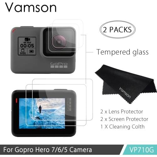 Vamson for GoPro Hero 7 6 Hero 5 Action Video Camera Tempered Glass Lens/Screen Protector Accessories +Lens Cover VP710G