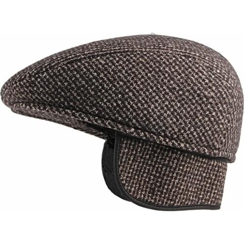 Fibonacci Caps Winter Newsboy Cap for Men Ear Protection Middle Old Aged Flat Top Ivy French Beret Hats Black Brown Plaid Hat