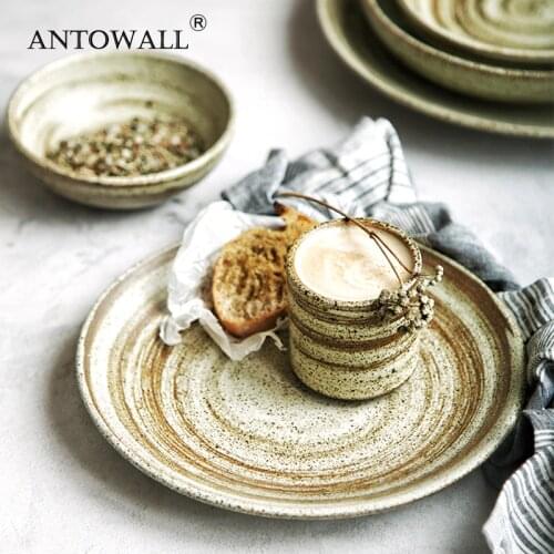 ANTOWALL Handmade Ceramic Retro Home Restaurant Deep Dish Canteen Steak Dinner Plate Rice Bowl Teacup Tableware Single Products