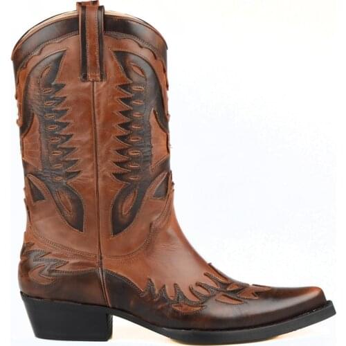 FootCourt Brown Men Cowboy Boots Genuine Leather Pointed Toe Mid Calf Vintage Fashion Eagle Pattern Handmade Western Biker Boots