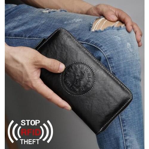Anti-theft RFID Card Protection Wallet Men Cowhide Leather Purse Phone Case Clutch Bank Credit Card Holders Zipper Pocket Bag