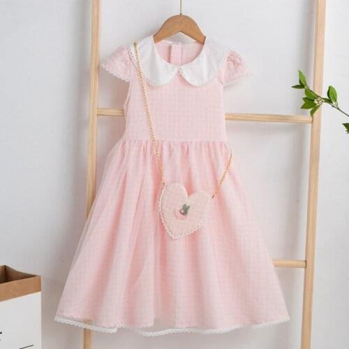 Summer Baby Girls Dress Peter Pan Collar Plaid Children Clothes Kids Dress with Bag 2-8T 3Color