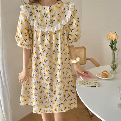 Flower Print Summer Nightgown Korean O-Neck Ruffles Short Sleeve Long Sleepwear Loose Ins Lace Patchwork Homewear Yellow