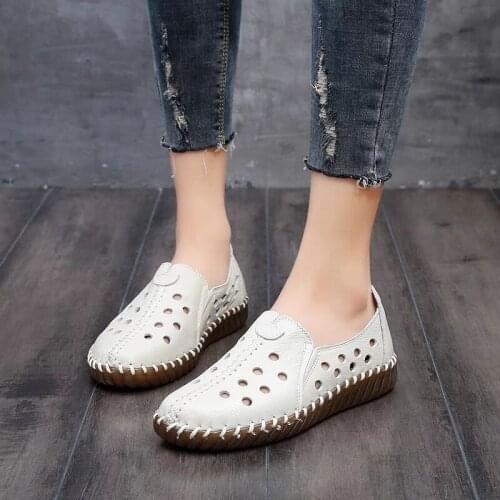 Sewing Female Shoes For Woman Leather Hollow Tenis Women Shoes Summer Garden Loafers Ladies Genuine Leather Moccasins Size 35-41