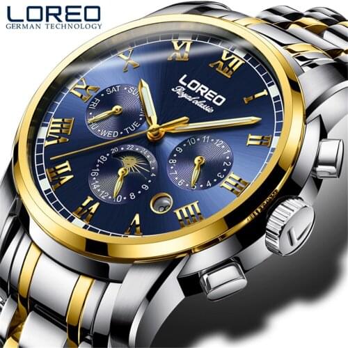 LOREO Mens Watch Mechanical Watch Waterproof Automatic Sports Moon phase Luminous Stainless steel Mens Trend Student Men Watch