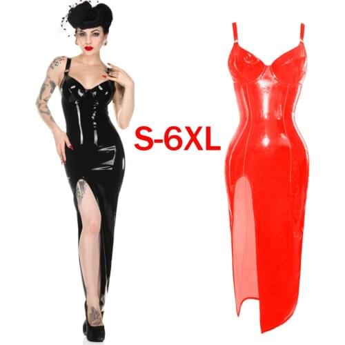 New Arrival Black/Red Women Sexy PVC Dress Bodycon Clubwear Lady Fetish Catsuit Splited Long Straight Dress Plus Size S--6XL