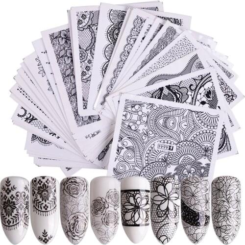 40 Sheet/lot Nail Art Water Transfer Black Flowers Stickers For Nail Lace Tips Nail Art Decorations Foil Set SAA625-672