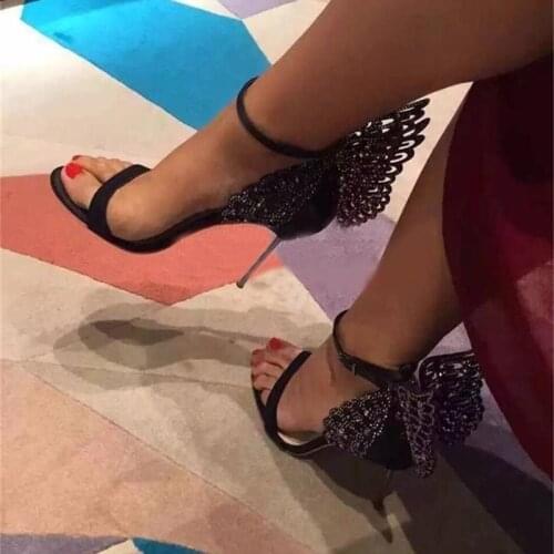 Sexy Butterfly Wing Sandal High Heels Pin-buckle Metal Stiletto Heel Sandal Rose Gold Metallic Leather Glitter Laser-cut Shoes