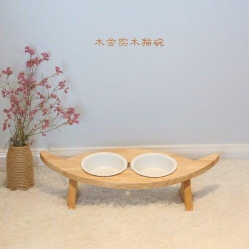 Cat Bowl Rack Solid Wood Ceramic Cat Rice Bowl Anti-overturning Oblique Mouth Double Bowl Neck Protector Pet Supplies