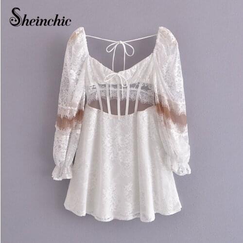 Sexy White Lace Backless Beach Dresses for Women 2021 Summer Bohemian Long Sleeve Mini Dress Female