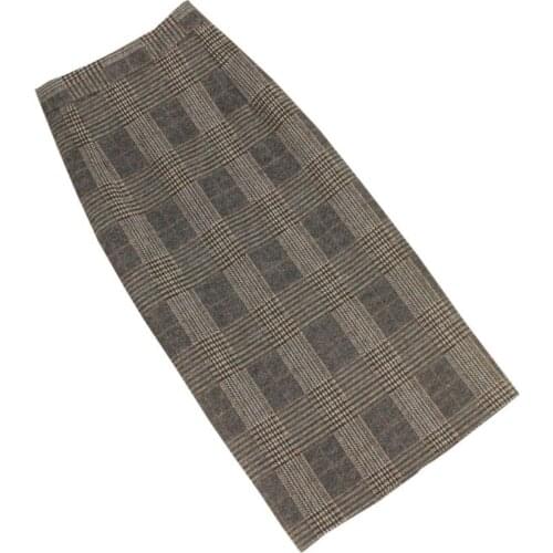 Elegant winter woolen plaid skirt women vintage high waist ladies office package hip midi slit pencil ski