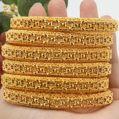 4pcs /Set 24K Dubai Gold Color Bangle Bracelet Ethiopian Jewelry Arabic African Bangles For Women Wedding Collection Bride Gifts