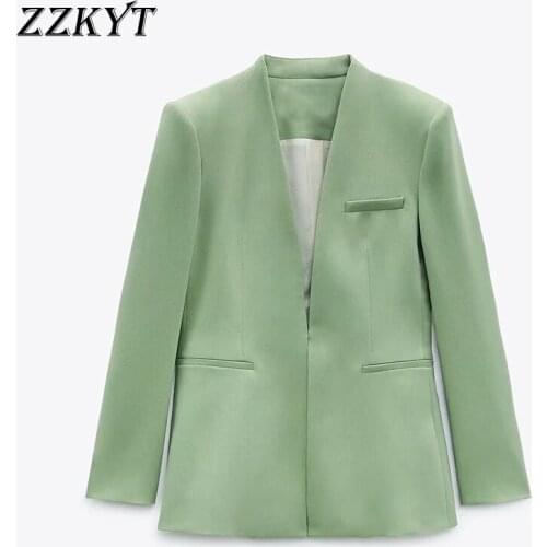ZZKYT 2021 Women Spring Vintage Solid Jacket Coat Fashion Open Stitch Long Sleeve Pockets Office Lady Female Chic Tops Mujer