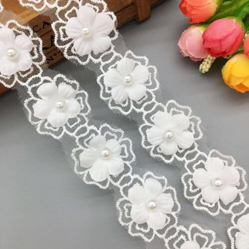 1 Yd Vintage Voile White Flower Pearl Lace Trim Wedding Dress Ribbon Embroidered Applique Baby Child Trimmings Sewing Craft