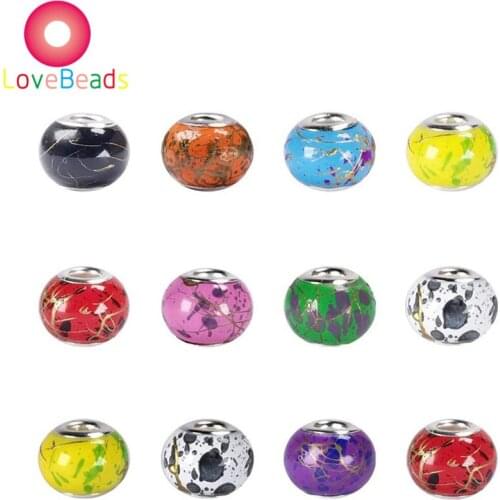 10Pcs 16mm Painting Color Glass Murano Large Hole Beads Silver Plated Fit Pandora Bracelet Chain Spacer Beads DIY Jewelry Gift