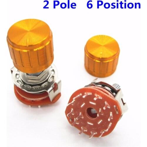 10pcs High-quality Shaft Panel Mount 2P6T Rotary Switch Selector Band 2 Pole Position 6 RS25 +10pcs yellow aluminium alloy knob
