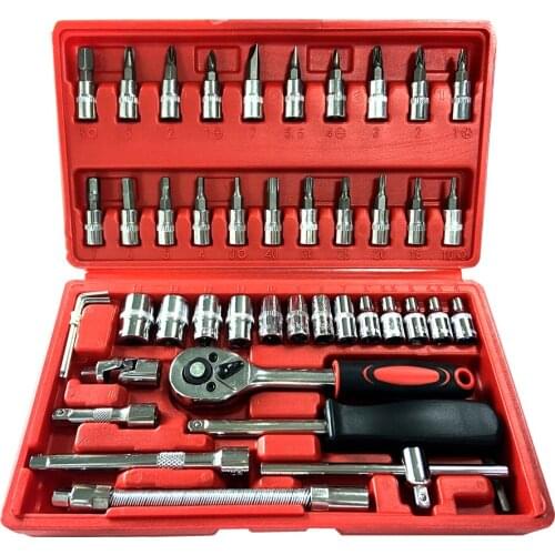 46pcs Car Repair Tool Set 1/4-Inch Socket Set Ratchet Torque Wrench Combo Tools Kit Auto Repairing ToolTire Removal Sleeve Tool