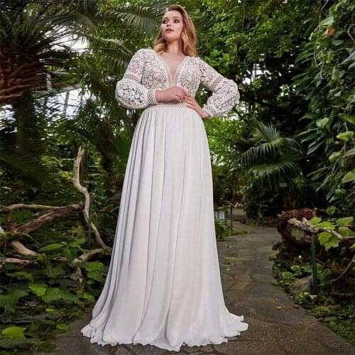 9938#Vestidos Elegant Wedding Dresses Chiffon Appliques Pleat V-Neck Full Sleeve Backless Plus Size A-Line Bridal Gowns