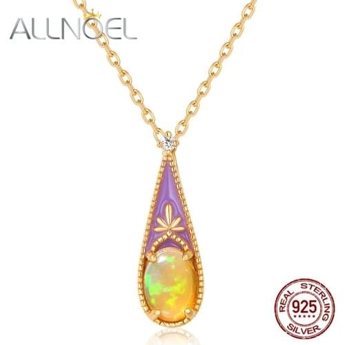 ALLNOEL Real Opal Pendant Necklace For Women Victorian 925 Sterling Silver Enamel Gold Teardrop Natural Gemstone Fine Jewelry