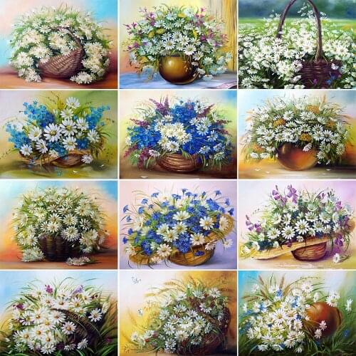 5D DIY Diamond Painting White Daisy Flower Cross Stitch Diamond Embroidery Full Round Rhinestone Mosaic Kit Home Decoration