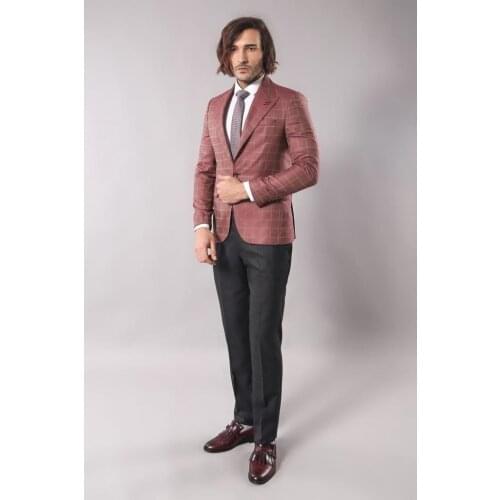 Single Button Wide Pointed Collar Burgundy Blazer