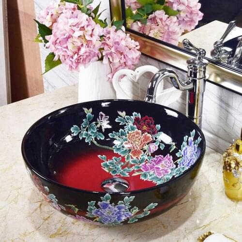 Black with red Hand-painted Hotel Washbasin Artistic bathroom sink ceramic Wash Basin Colorful Flowers peony