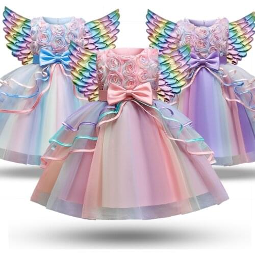 Girls Flower Princess Dress For Kids Unicorn Party Costume Rainbow Colorful Wedding Birthday Tutu Ball Gown Children Vestidos