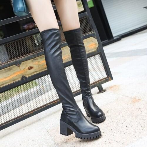 Elastic over the knee boots womens boots thick with increased thick boots womens round head high heel Martin boots