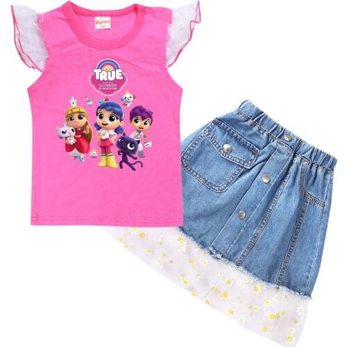 Toddler Girl Summer Clothes Kids True and The Anime Rainbow Kingdomt Tshirt and Botton Jeans Skirt 2pcs Sets Childrens Clothing