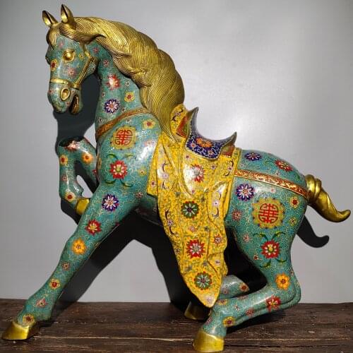 32"Chinese temple collection Old Bronze Cloisonne Enamel Zodiac Horse statue Success Steed Ornaments Town House Exorcism