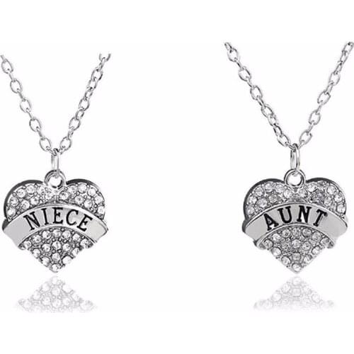 Set of 2 Crystal Love Big Heart Shape Niece And Aunt Pendant Silver Plated Necklace Jewelry