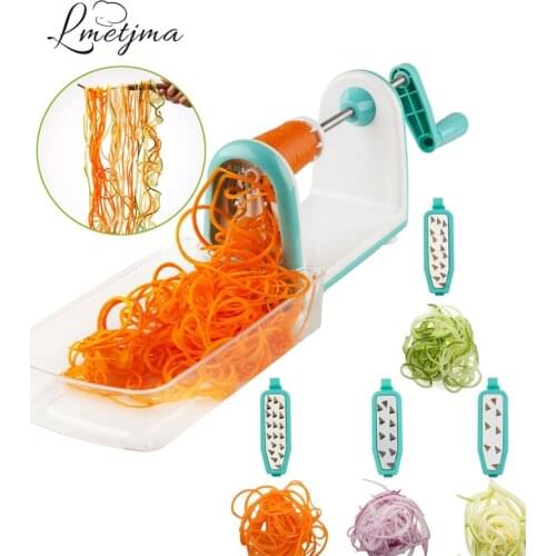 LMETJMA Spiral Vegetable Slicer with 5 Stainless Steel Blades Kitchen Vegetable Spiral Slicer with Food Container LK0823B