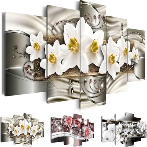 Canvas Modular Pictures Painting Print Wall Art 5 Panels Abstract Diamond Orchid Flower Poster Living Room Home Decoration Frame