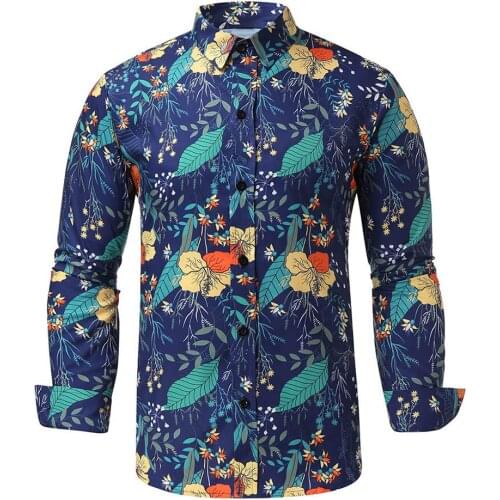2019 New Fall Mens Long Sleeve 3D Floral Button Down Cotton Slim Shirt Hawaiian Shirt Cotton Casual Flower Shirt